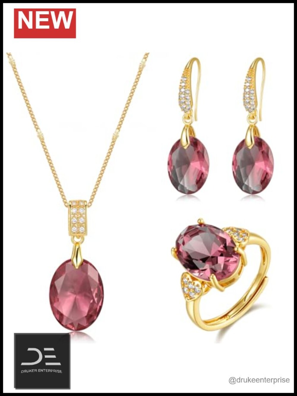Luxury 3-Piece Jewelry Set Gold Plated 925 Silver Crystal Necklace Earrings Ring